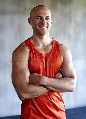 Buy stock photo Happy man, fitness and portrait smile with arms crossed in confidence for workout, exercise or training at gym. Strong muscular male and confident personal trainer, leader or coach in bodybuilding