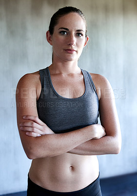 Buy stock photo Workout, arms crossed and portrait of woman confident after health club exercise, fitness studio performance or gym training. Athlete lifestyle, motivation and healthy female person with confidence