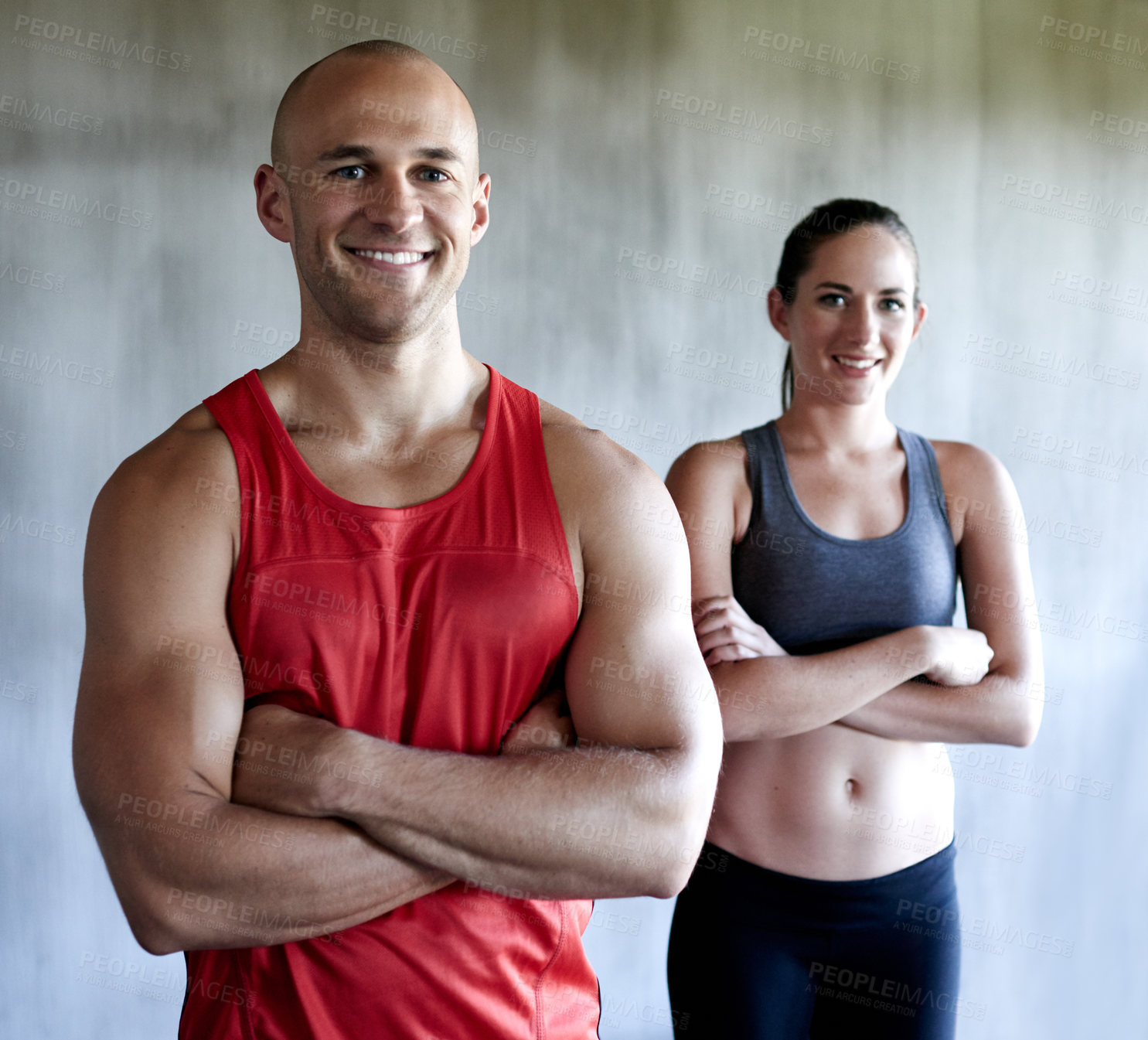 Buy stock photo Happy people, fitness and portrait smile with arms crossed in confidence for workout, exercise or training at gym. Strong, fit or confident man or woman personal trainer ready for exercising together