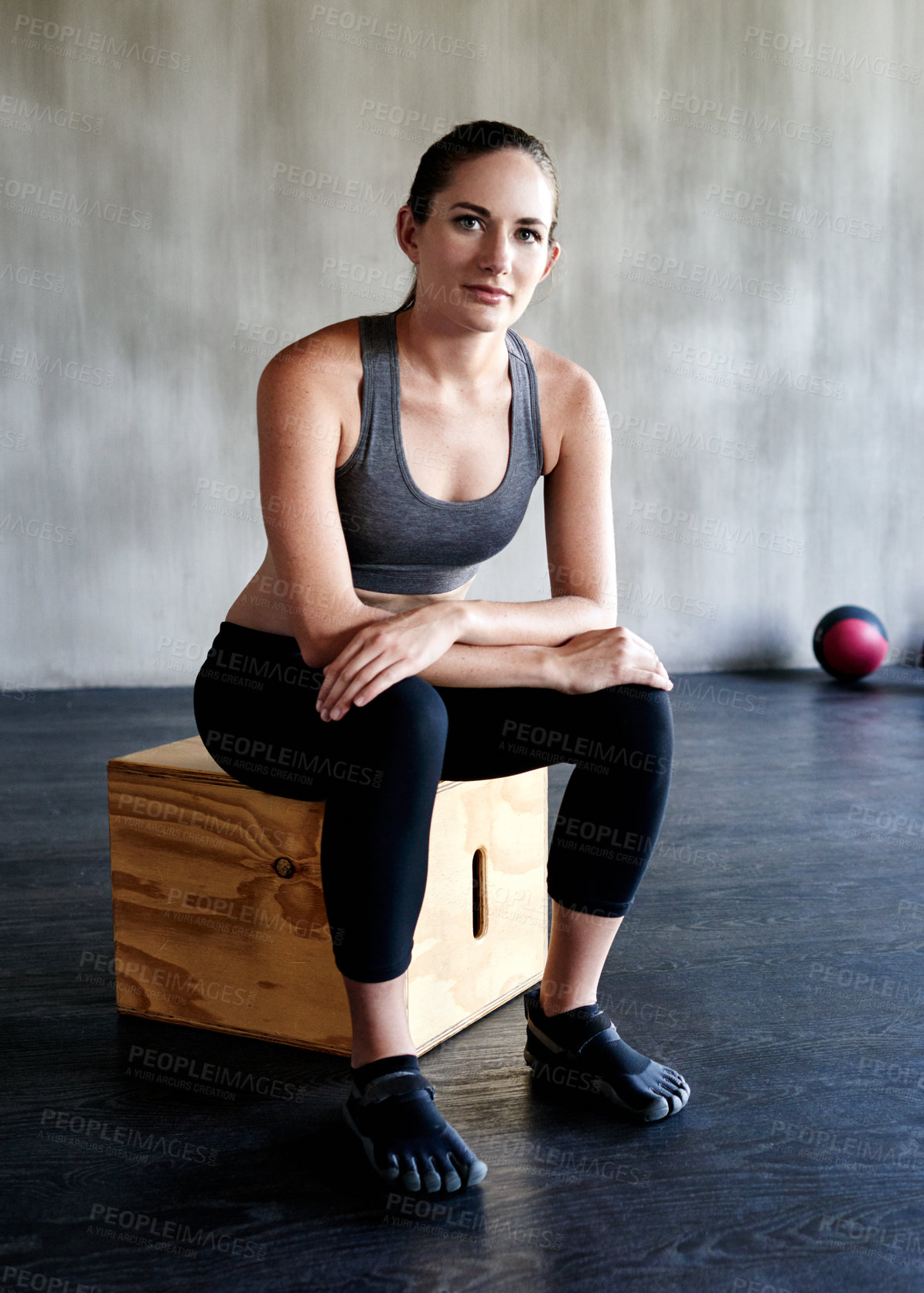 Buy stock photo Workout, sitting and portrait of woman relax after bodybuilding exercise, sports performance or gym training. Athlete lifestyle, motivation and healthy person with fitness progress satisfaction