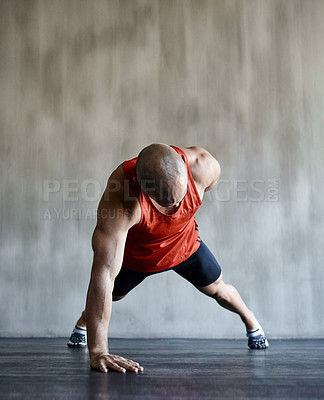 Buy stock photo Strong man, floor and one arm push up for gym studio exercise, bodybuilder workout or sports training. Fitness club motivation, endurance mockup and male athlete doing floor pushup for health goals