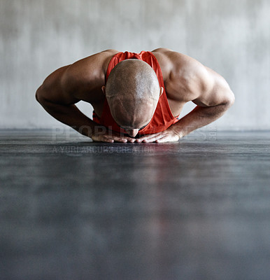 Buy stock photo Workout, endurance and man doing floor push up for strength exercise, health lifestyle or muscle development. Ground mockup, fitness training or strong male athlete training, exercising or practicing