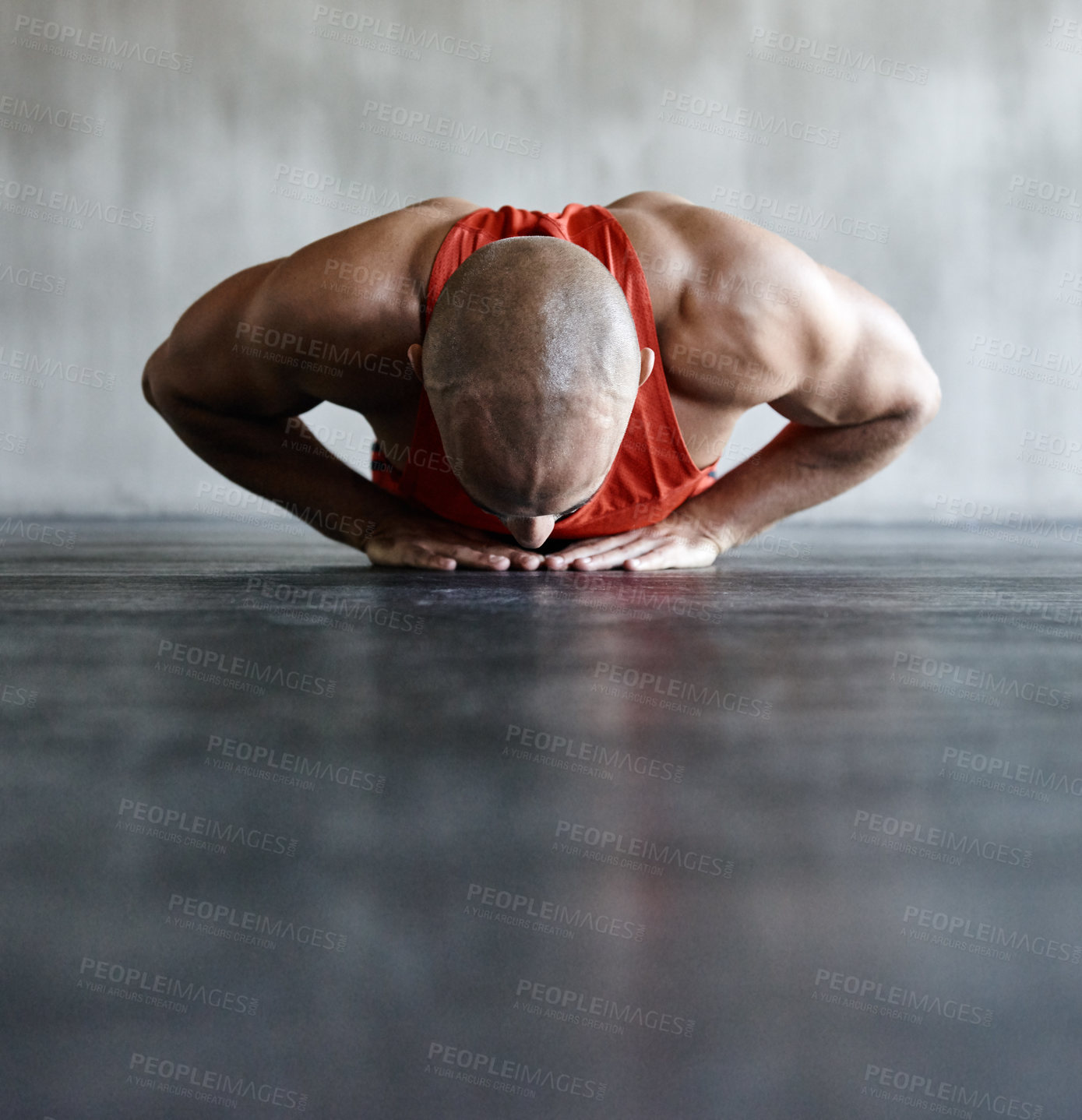 Buy stock photo Workout, endurance and man doing floor push up for strength exercise, health lifestyle or muscle development. Ground mockup, fitness training or strong male athlete training, exercising or practicing