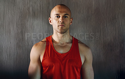 Buy stock photo Workout, serious and portrait of man confident with determined mindset, gym commitment or discipline. Athlete focus, bodybuilder confidence and healthy fitness person on concrete wall background