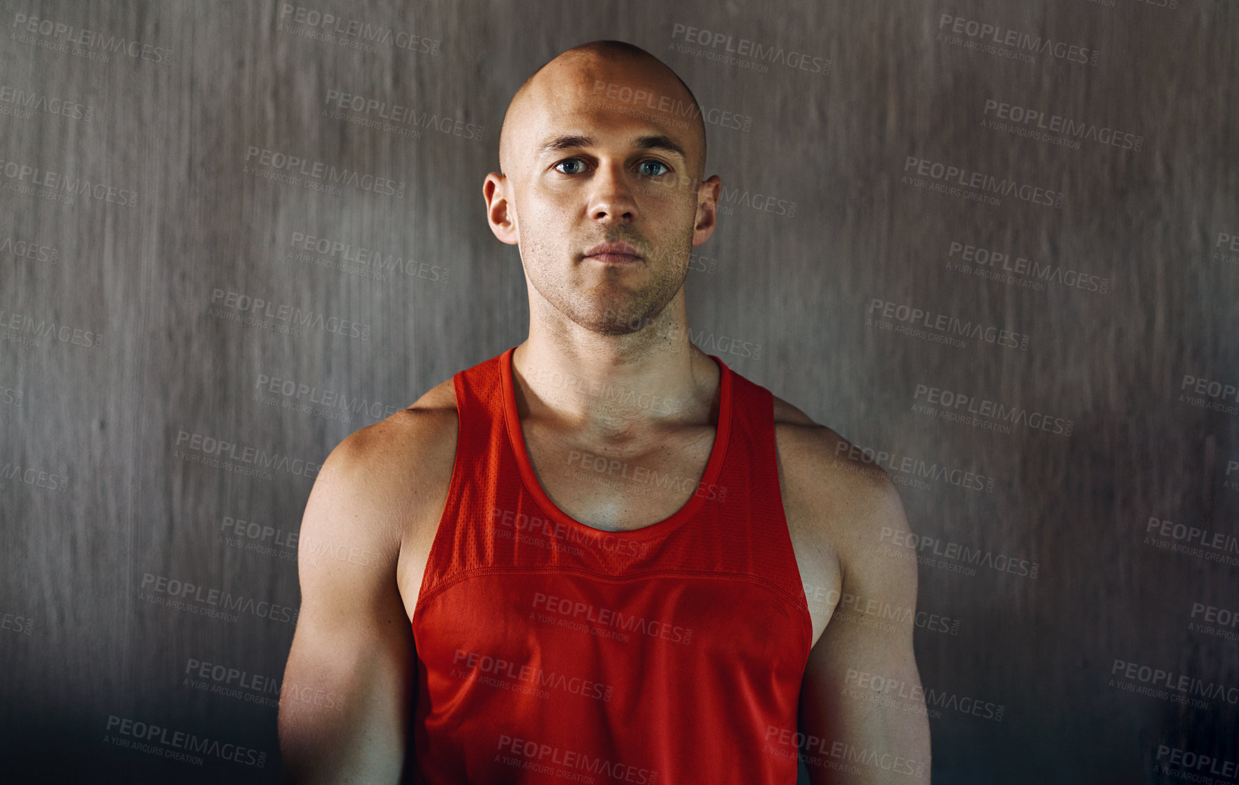 Buy stock photo Workout, serious and portrait of man confident with determined mindset, gym commitment or discipline. Athlete focus, bodybuilder confidence and healthy fitness person on concrete wall background