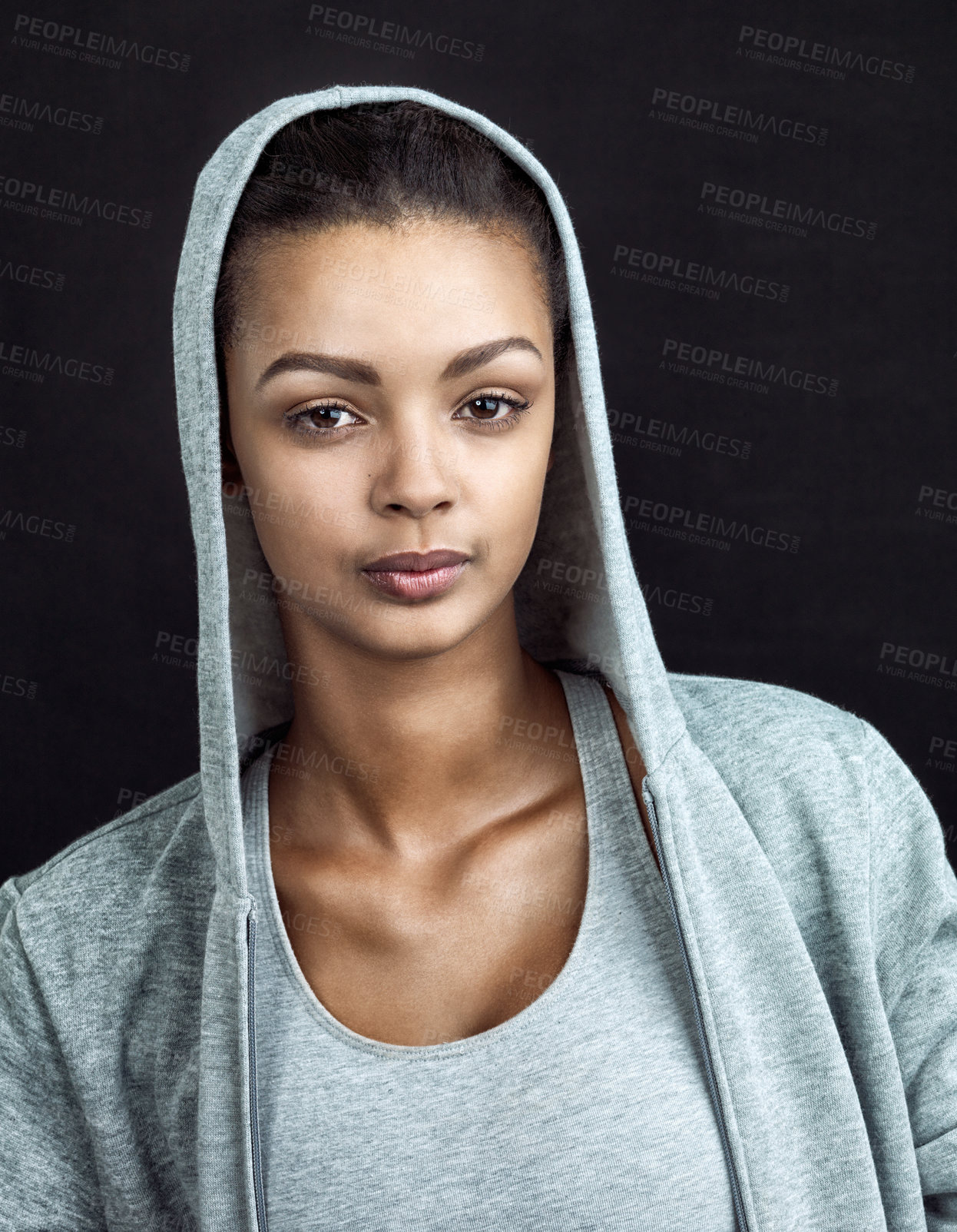 Buy stock photo Portrait, hoodie and woman with fitness, sportswear and wellness on dark studio background. Face, healthy person and athlete with confidence, comfort and training with workout, balance and attitude