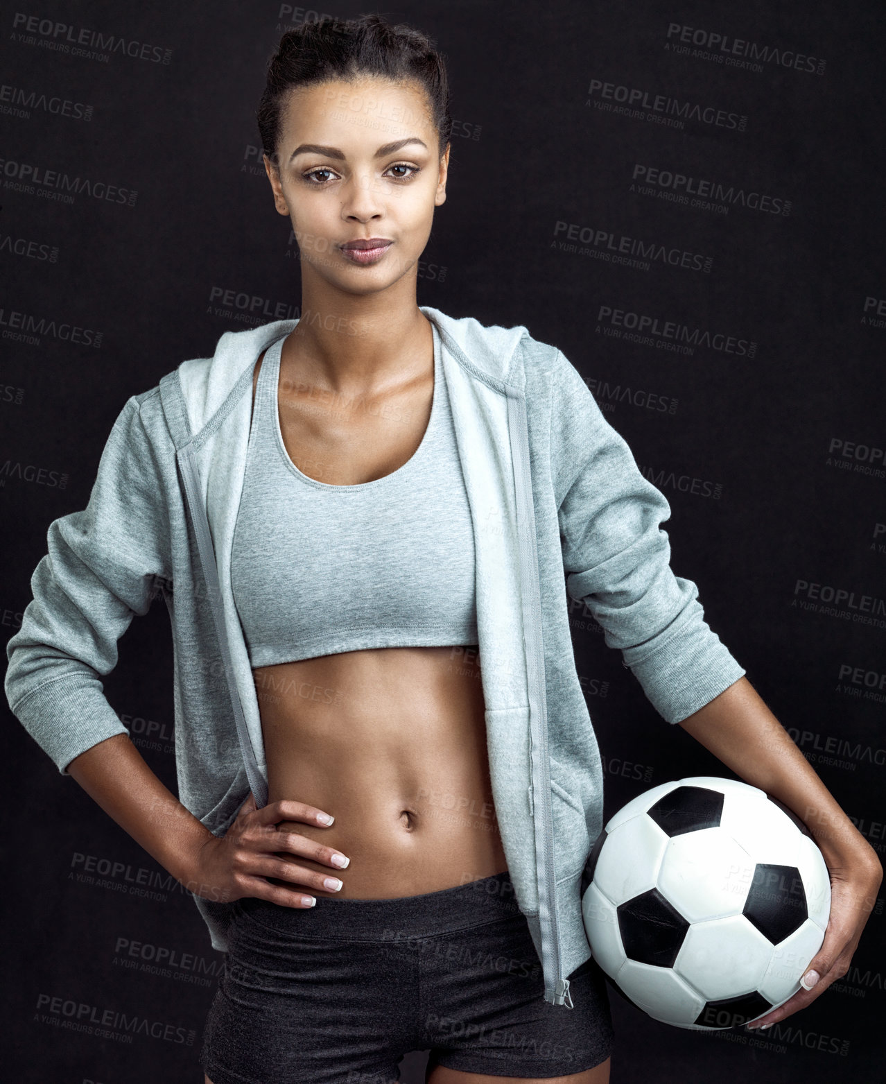 Buy stock photo Girl, portrait and soccer player with ball on studio or black background with fitness in sport. Football, game and woman training with exercise practice for match, competition and athlete with pride