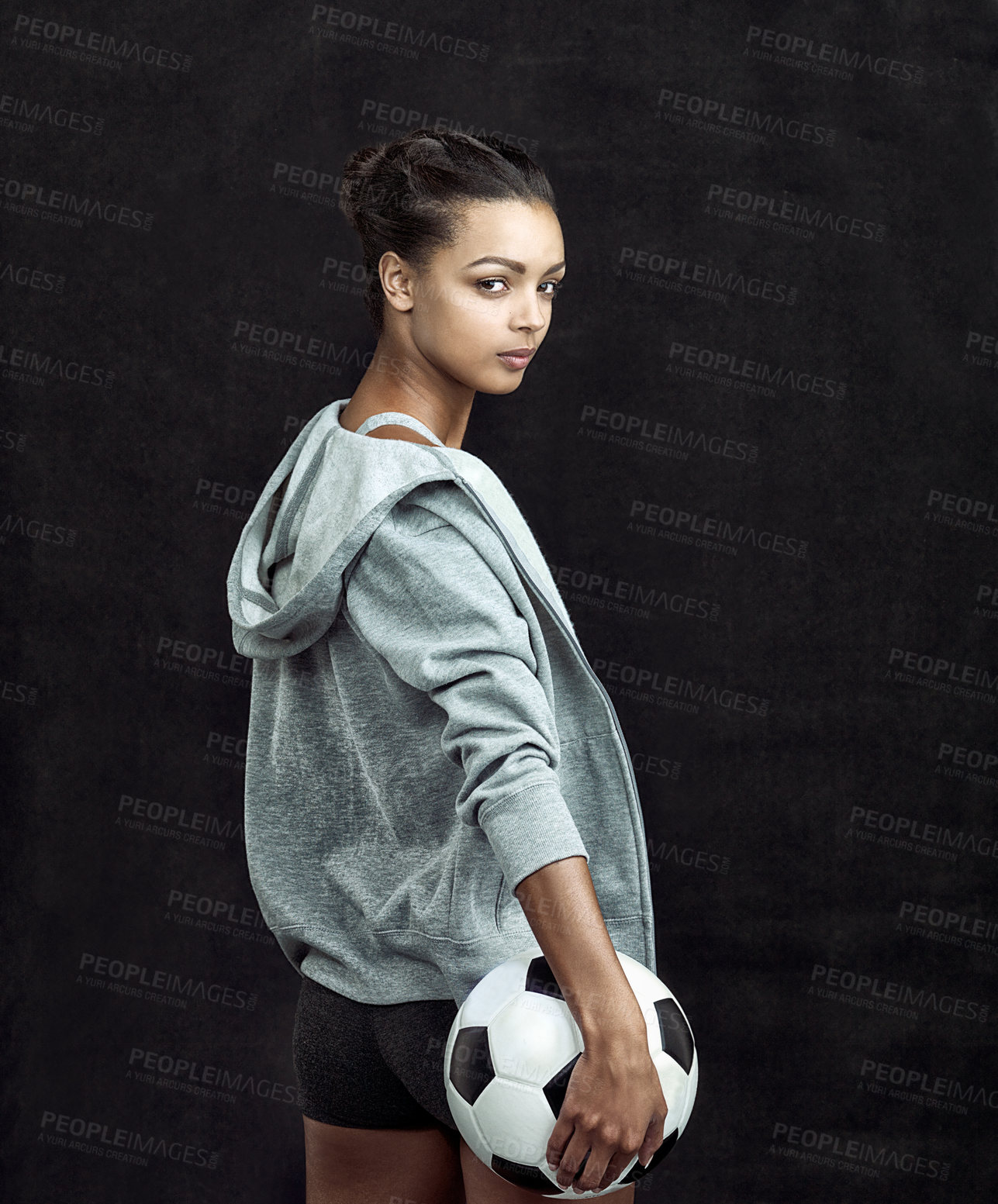 Buy stock photo Portrait, girl and soccer player with ball on studio or black background with sport challenge. Football, fitness and woman training for game with exercise or practice workout and athlete with pride