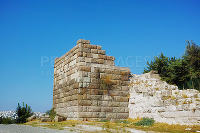 Buy stock photo Architecture, vintage and ruins in city of Turkey for tourism, traditional infrastructure and culture in town. Background, ancient and rock walls, structure design and relic for travel destination