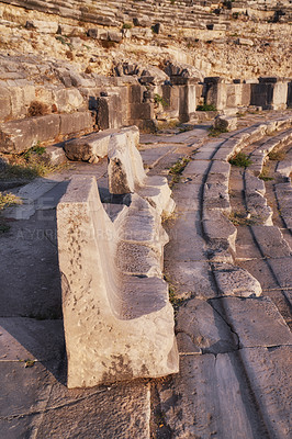 Buy stock photo Ancient, rock and village of ruins, outdoor and architecture of old town, tourism and travel in Bodrum. History, marble and journey for culture, medieval and destination with stone for respect