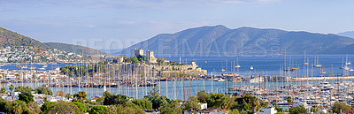 Buy stock photo Panorama photo of the harbor and city of Bodrum, Turkey