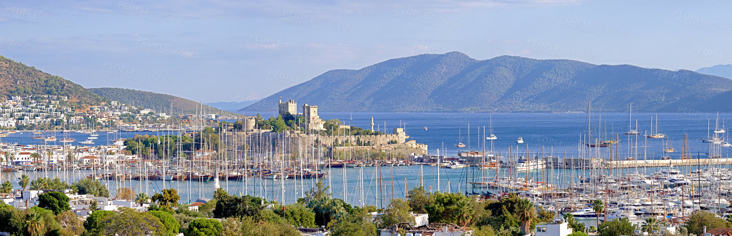 Buy stock photo Panorama photo of the harbor and city of Bodrum, Turkey