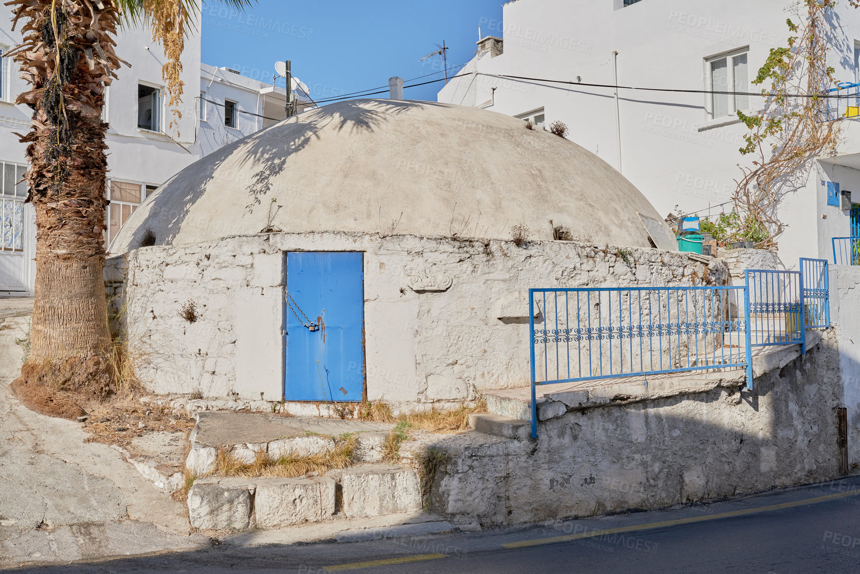 Buy stock photo Street, town and cultural buildings in urban Turkey as residential area or neighborhood. Houses, home and traditional or vintage architecture as tourist destination for holiday and journey