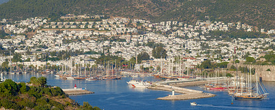 Buy stock photo City, outdoor and cityscape of nature, panorama and destination to travel by water, boat and Bodrum. Landscape,  sea and scenery of environment, vacation and tourism in Turkey, banner and journey