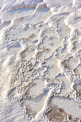 Buy stock photo Above view of travertine pools, terraces in Pamukkale Turkey. Traveling abroad, overseas for holiday, vacation, tourism. Closeup of cotton castle with carbonate mineral and fresh thermal spring water