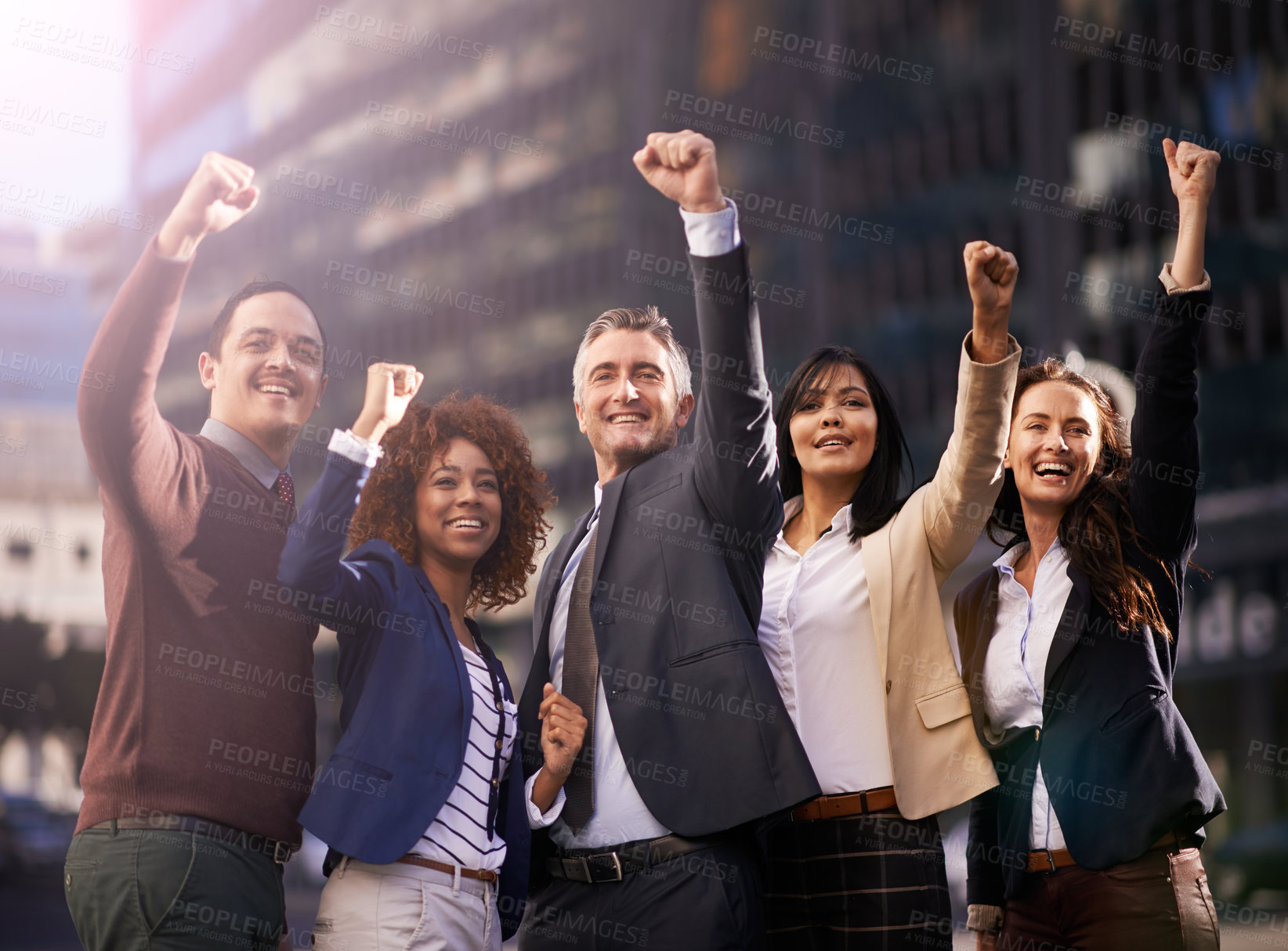 Buy stock photo Fist pump, happy and portrait of business people in city for teamwork, achievement or winning. Smile, group and professional lawyers with celebration hand gesture for collaboration in urban town.