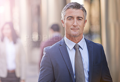 Buy stock photo Cropped portrait of a mature businessman in the city