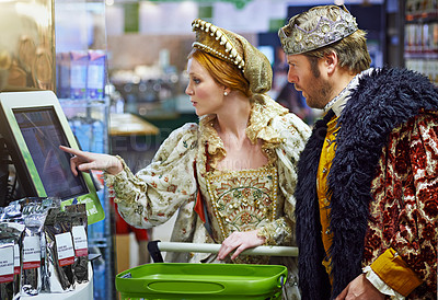 Buy stock photo Technology, shocked and king with queen, supermarket or crown with royal couple or increase. Digital payment, man or woman with self checkout in store or reaction for price or inflation with surprise