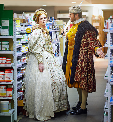Buy stock photo Supermarket, argument and king with queen, angry and conversation with expression and reaction. Royal couple, man and woman with inflation and frustrated with fighting and drug store with pharmacy