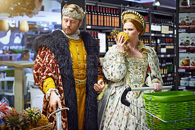 Buy stock photo Confused, store and king with queen, decision and frustrated with expression and reaction. Royal couple, supermarket and man with woman and smelling with inflation and choice with doubt or retail