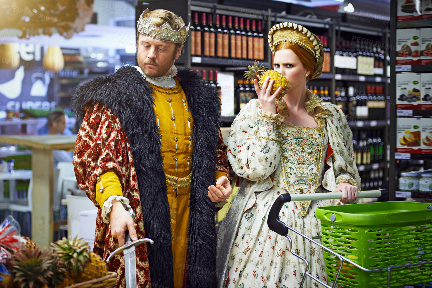 Buy stock photo Confused, store and king with queen, decision and frustrated with expression and reaction. Royal couple, supermarket and man with woman and smelling with inflation and choice with doubt or retail