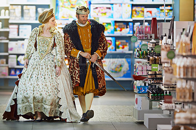 Buy stock photo Supermarket, royal man and woman with costume for food choice, grocery shopping or product. Convenience store, king and queen in victorian outfit for purchase, selection or price check from customer 