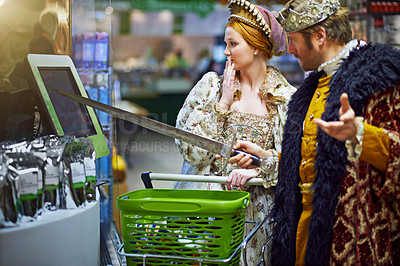 Buy stock photo Digital payment, surprise and king with queen, supermarket or crown with royal couple or shocked. Increase, man or woman with self checkout in store or reaction for price or inflation with shopping