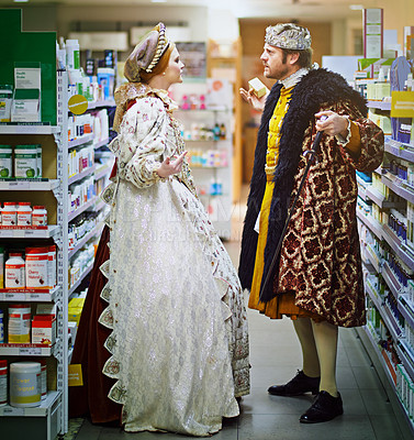 Buy stock photo Supermarket, argument and royal couple with costume for food choice, grocery shopping or product. Convenience store, king and queen in victorian outfit for purchase, decision or customers in dispute