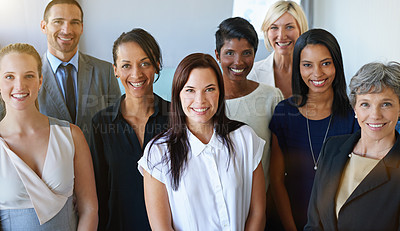 Buy stock photo Group, portrait and happy business people with leadership, career management and diversity in workplace or company. Smile on face of employees, women or men together for teamwork and career mindset