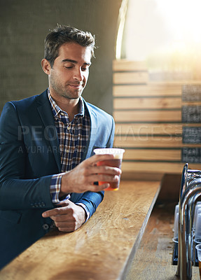 Buy stock photo Thinking, restaurant or businessman at pub with beer or beverage to relax at social time or event. Hospitality industry, entrepreneur or male customer at diner or bar and enjoying alcohol cider drink