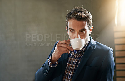 Buy stock photo Businessman, coffee shop and drinking while thinking in morning for corporate enterprise career, deep thoughts and wondering with mug. Male person, idea and contemplating for decision with beverage