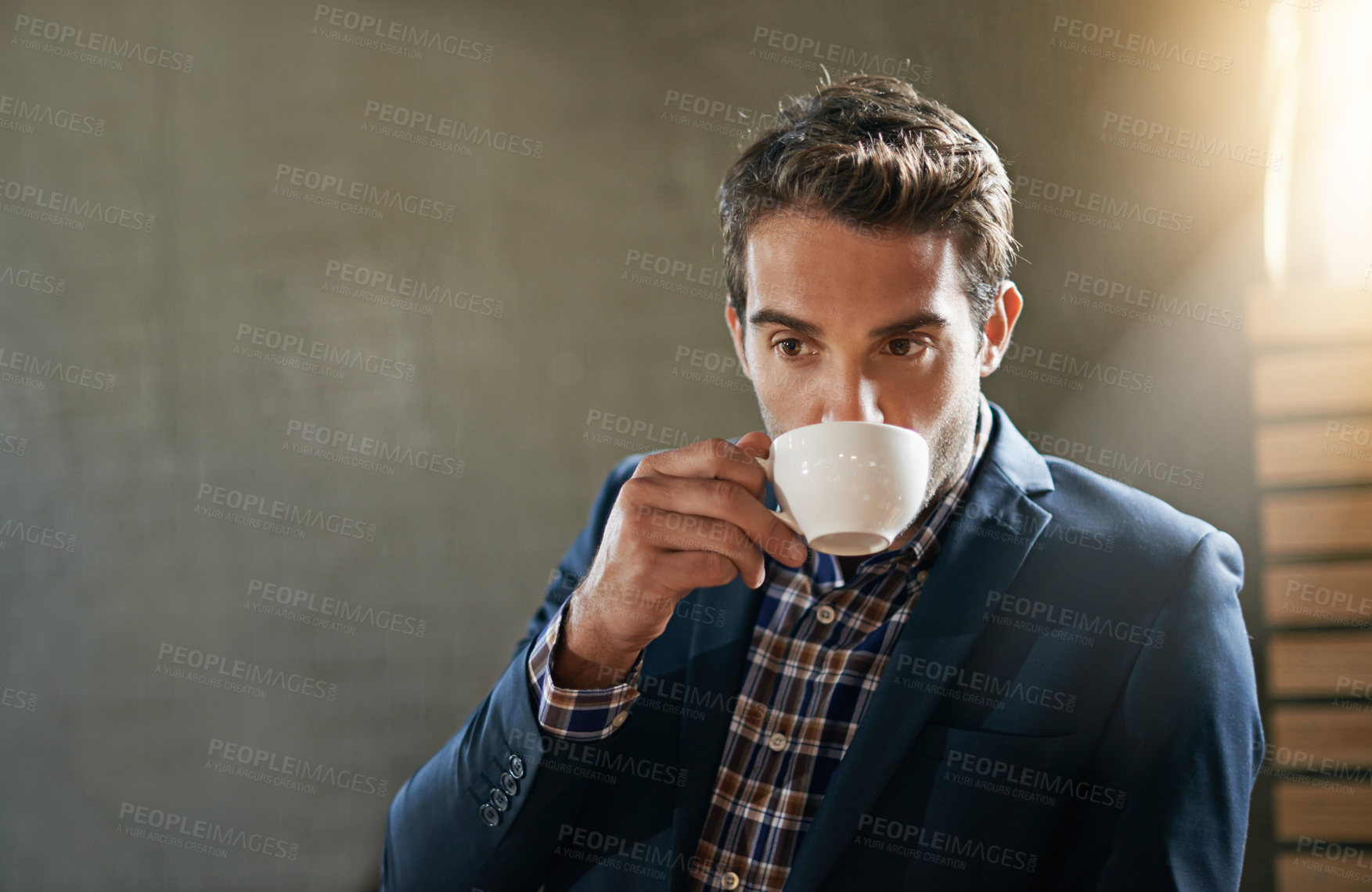 Buy stock photo Businessman, coffee shop and drinking while thinking in morning for corporate enterprise career, deep thoughts and wondering with mug. Male person, idea and contemplating for decision with beverage