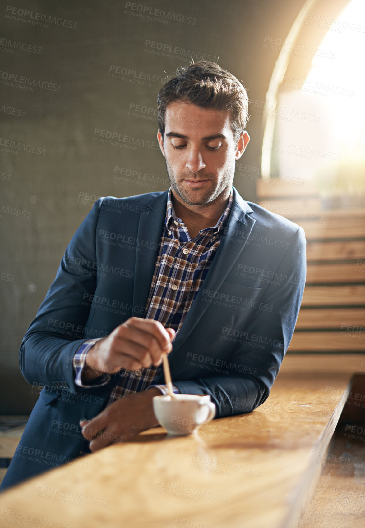 Buy stock photo Coffee, cafe or businessman on break to relax on lunch for cup of espresso or beverage on counter. Hospitality industry, professional entrepreneur or customer at restaurant with confidence or tea