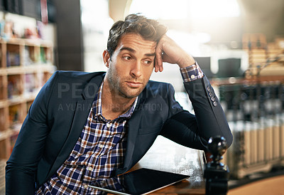 Buy stock photo Tired, stress and professional man with a tablet in the office while working on a corporate project. Technology, burnout and business male employee with a digital mobile for a report in the workplace