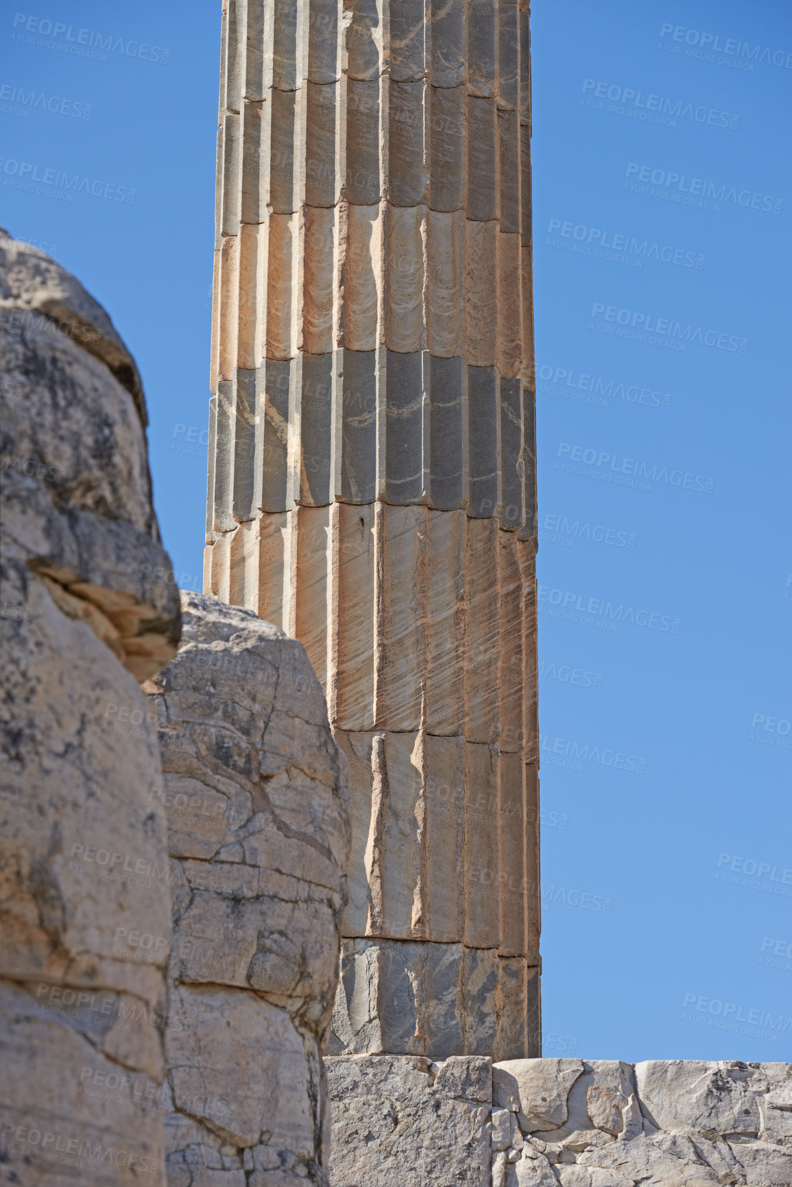 Buy stock photo Sky, tower or sculpture of ancient pillar in city of Turkey for tourism, traditional infrastructure or culture in town. Architecture, history or stone structure design of relic for travel destination