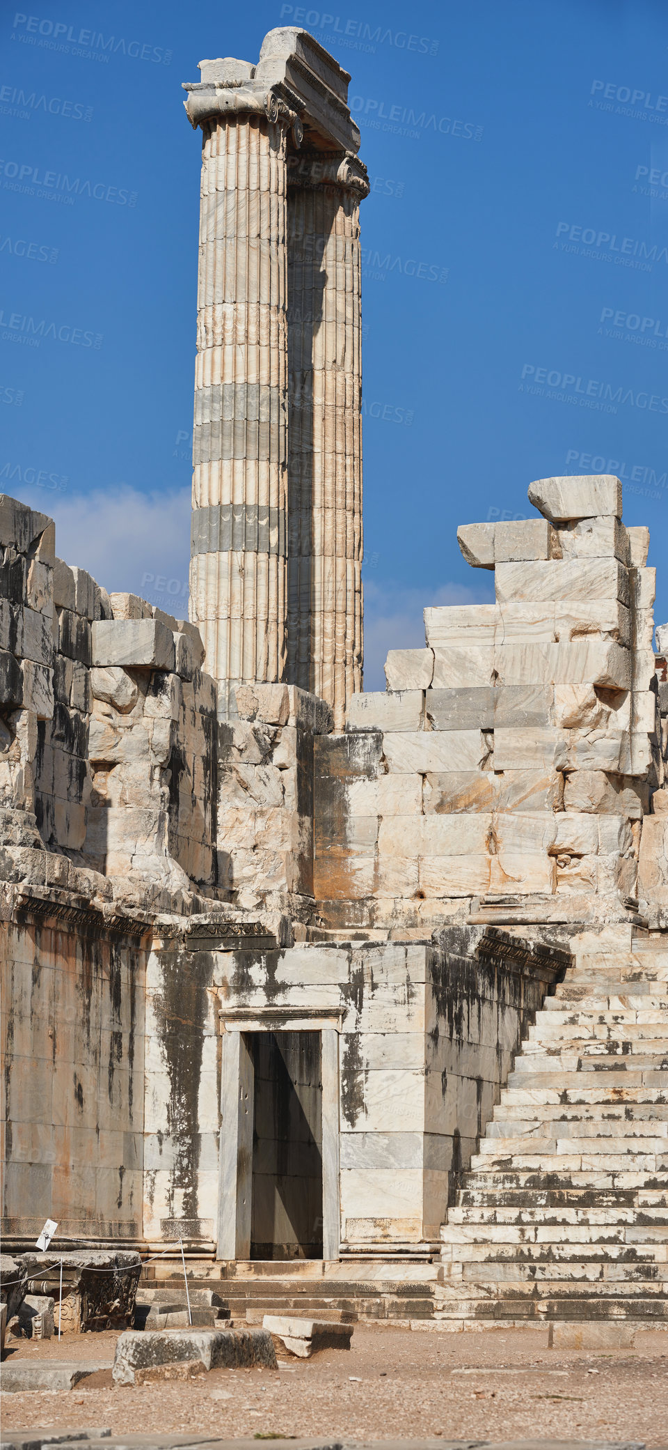 Buy stock photo Old, ancient building and architecture as Greek temple in Turkey for tourism, knowledge education. Traditional site, culture and historic or vintage art as tourist destination for travel and holiday