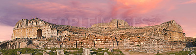 Buy stock photo Miletus, city or theater for history, travel or ancient archeology outdoor in Turkiye. Tourism, building or architecture with amphitheater ruins for culture, heritage site or holiday banner at sunset