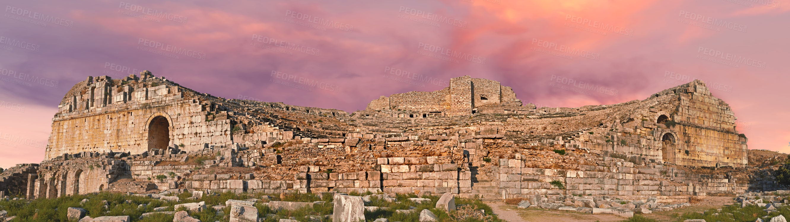 Buy stock photo Miletus, city or theater for history, travel or ancient archeology outdoor in Turkiye. Tourism, building or architecture with amphitheater ruins for culture, heritage site or holiday banner at sunset