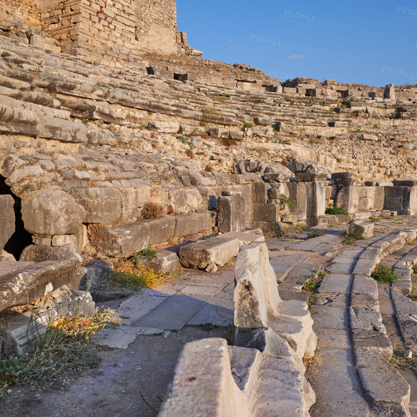 Buy stock photo Archeology, stone and landmark with building exterior ruins for travel destination, sightseeing and historical monument. Medieval, brick and colosseum architecture in Middle east for tourism or forum