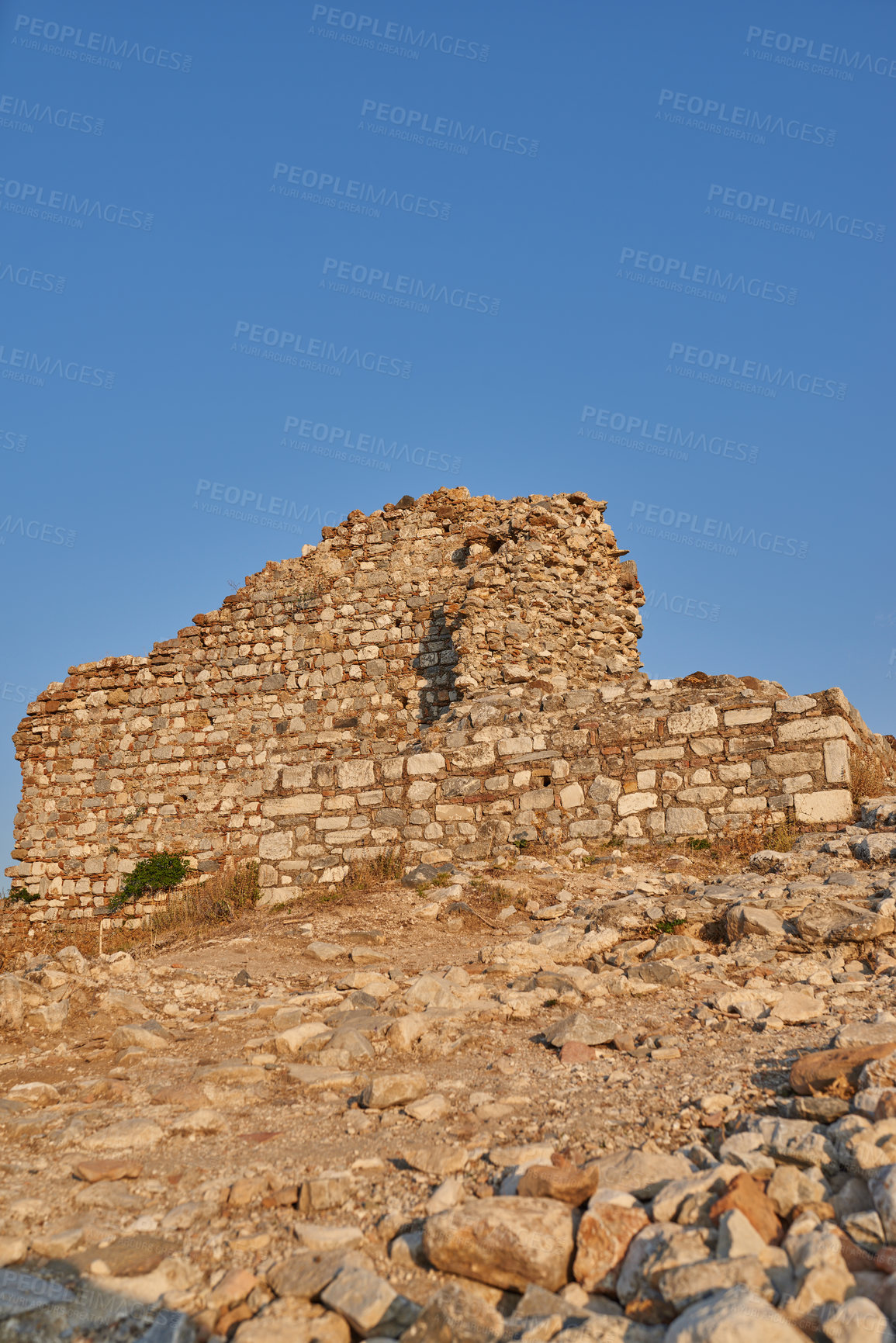 Buy stock photo Archeology, brick and forum from building exterior ruins for travel destination, sightseeing and historical monument. Medieval, sky and colosseum architecture in Middle east for mockup and landmark