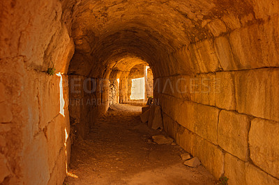 Buy stock photo Greece, wall and tunnel in ruins for architecture, archeology and travel to ancient city. History, rock and path in abandoned Greek theater for exploration, culture and anthropology in Miletus