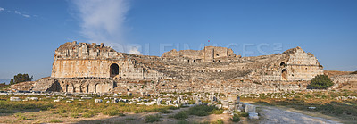 Buy stock photo Miletus, city and theater ruins for history, travel or ancient archeology outdoor in Turkey. Tourism, building and architecture with amphitheater for culture, holiday banner and world heritage site