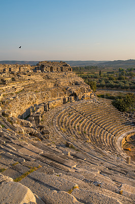 Buy stock photo Archeology, sky and forum from building exterior ruins for travel destination, sightseeing or history monument. Medieval, city and colosseum architecture in Middle east for tourism or landmark mockup