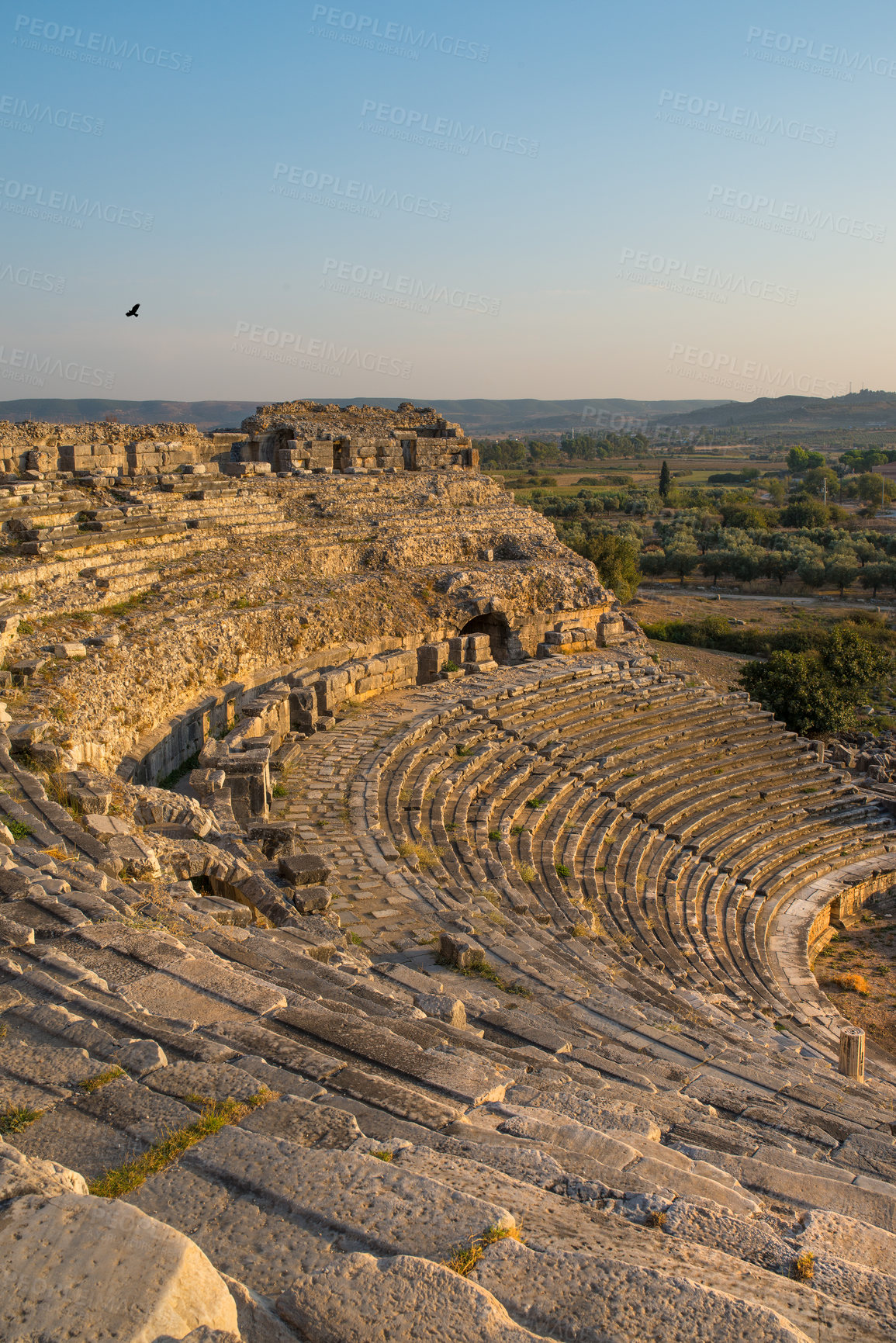 Buy stock photo Archeology, sky and forum from building exterior ruins for travel destination, sightseeing or history monument. Medieval, city and colosseum architecture in Middle east for tourism or landmark mockup