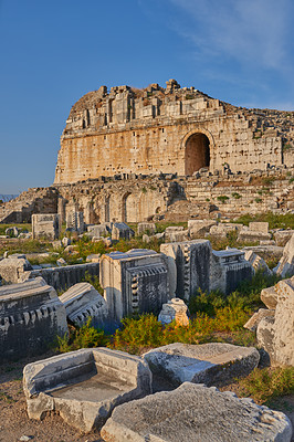 Buy stock photo Miletus, city and ruins outdoor for travel, history and ancient archeology at Turkey theater. Tourism, stone building and architecture with amphitheater for culture, holiday and world heritage site