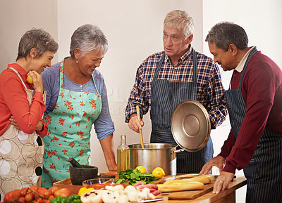 Buy stock photo Cooking class, chef or senior friends in kitchen for fun, bonding or meal prep for reunion, birthday or weekend dish in house. Diet, nutrition or old people learning traditional food, pasta or recipe