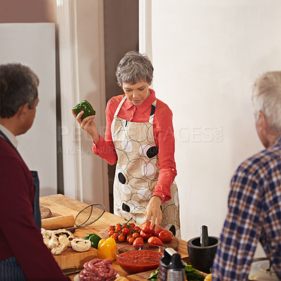 Buy stock photo Cooking course, learning or mature chef with senior people in kitchen for help, guide or how to questions, advice or home. Food, class and nutritionist with audience for teaching, diet or nutrition