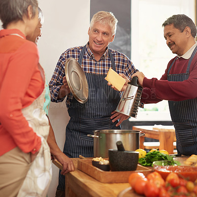 Buy stock photo Cooking, food and senior people in kitchen with recipe for bonding, talking and conversation in home. Culinary, retirement and men and women with ingredients, vegetables and meal for dinner together