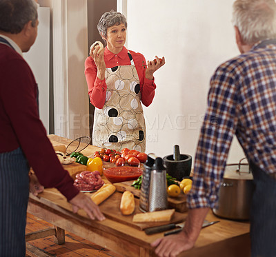 Buy stock photo Cooking class, teaching and mature chef with senior people in kitchen for help, guide or how to questions, advice or steps. Food, health and nutritionist with audience for learning, diet or nutrition
