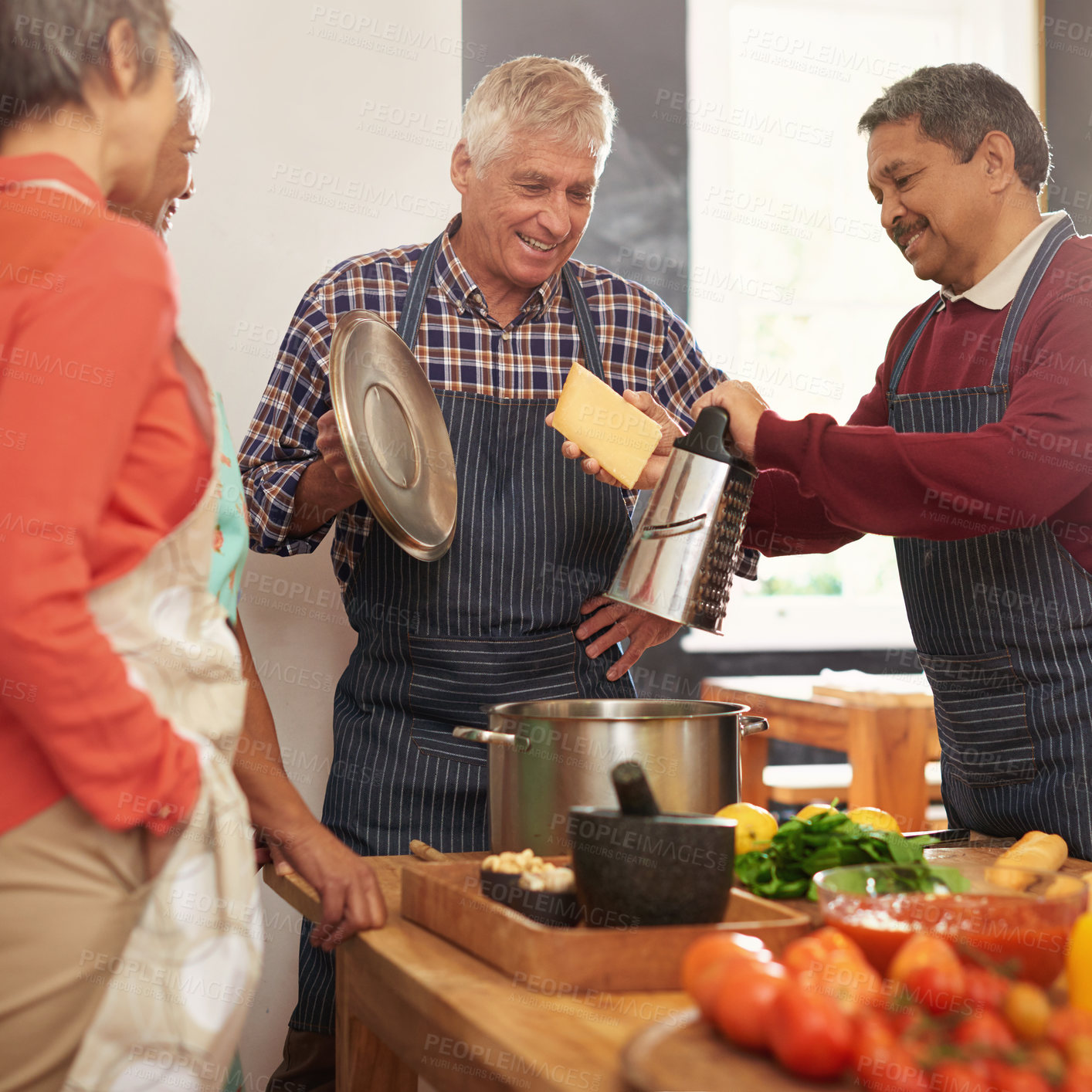 Buy stock photo Cooking, dinner and senior people in kitchen with recipe for bonding, talk and conversation in home. Culinary, retirement friends and men and women with ingredients, vegetables and cuisine for supper